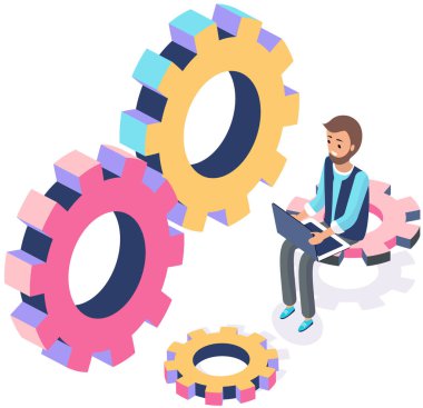 Dizüstü bilgisayarı olan bir adam settigns programıyla çalışıyor. İşletim sistemi bakımı, ayarlama uygulaması