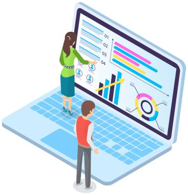 Çalışanlar monitördeki görsel grafiğe bakıyorlar. Finansal strateji planlaması, laptopta vsual sunum