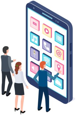 Mobil uygulamanın geliştirilmesi ile takım çalışması. Ekranda uygulama simgeleri düzenine bakan insanlar