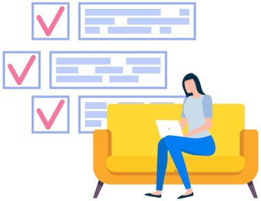 Dizüstü bilgisayarlı serbest çalışan biri, panonun yanındaki koltukta oturuyor. Üzerinde kontrol işaretleri var.