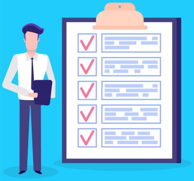 Ay çizelgesi, yapılacaklar listesi, zaman yönetimi. İşadamı kontrol ve planlama listesinin yanında duruyor