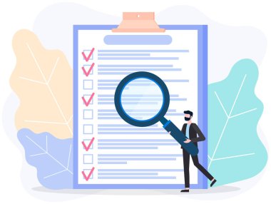 Büyüteçle liste yapmaya çalışan bir adam. Büyüteci olan kişi panodaki kontrol listesine bakar