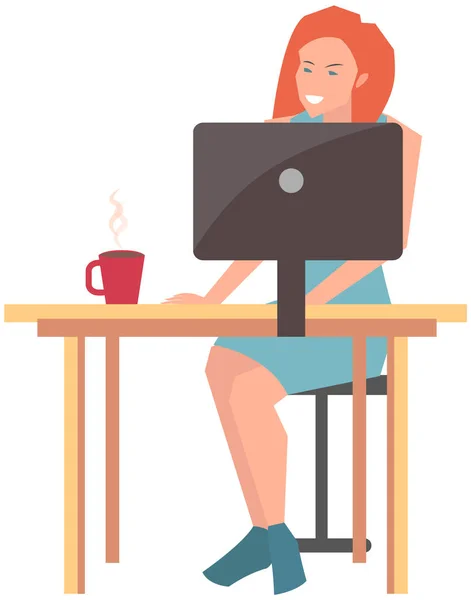 Empresaria sentada en el lugar de trabajo y trabajando con computadora. Mujer trabaja en los negocios en línea — Archivo Imágenes Vectoriales