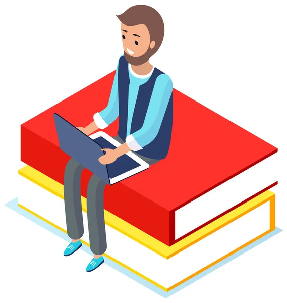Mann sitzt auf einem Stapel großer Bücher und liest im Internet. Online-Bibliothek, virtuelles Lernkonzept — Stockvektor