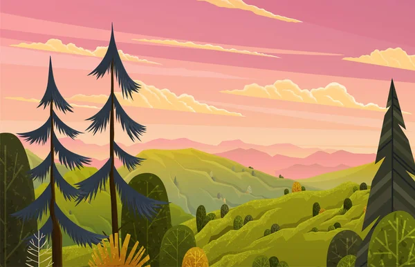 Paisaje verde con montañas vector ilustración paisaje con árboles y arbustos en primer plano — Vector de stock