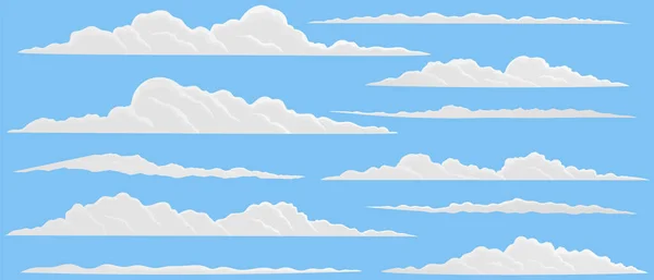 Cartoon weiße Wolken auf blauem Himmel Hintergrund gesetzt. Sammlung von Rauchmustern und Nebelsymbolen — Stockvektor