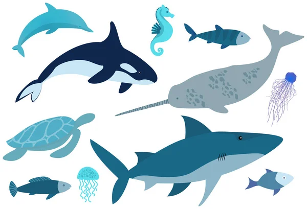 Морське життя встановлено. Дика природа світового океану, риби, тварин і молюсків. Підводне життя тварин — стоковий вектор