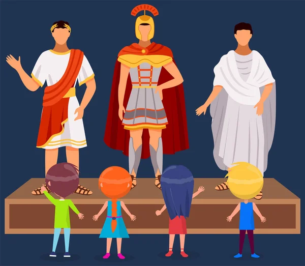 Museumsbesuchergruppe mit kleinen Kindern betrachtet klassische Figur römischer Bürger — Stockvektor