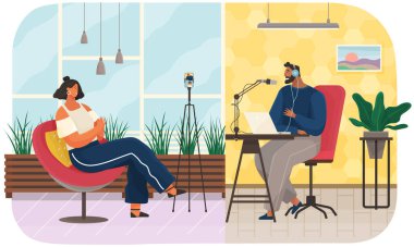 İnsanlar podcast sırasında iletişim kurar. Röportajda canlı bağlantı. Ses podcast 'i kayıt ediliyor