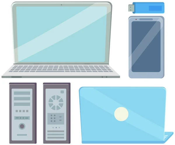Smartphone, tablet, οθόνη υπολογιστή, USB flash drive και laptop εικονίδιο που σε στυλ επίπεδη σχεδίαση — Διανυσματικό Αρχείο