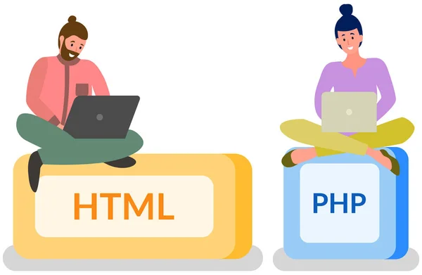 Programmeur femme travaillant avecl aptop pour créer des sites Web, programmation ou codage avec texte HTML et PHP — Image vectorielle