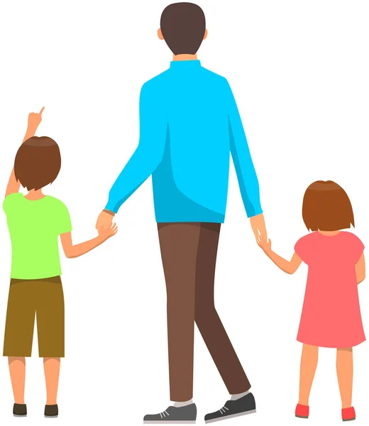 El hombre sostiene a sus hijos de las manos. La gente se para y mira algo detrás. Familia durante el paseo — Archivo Imágenes Vectoriales