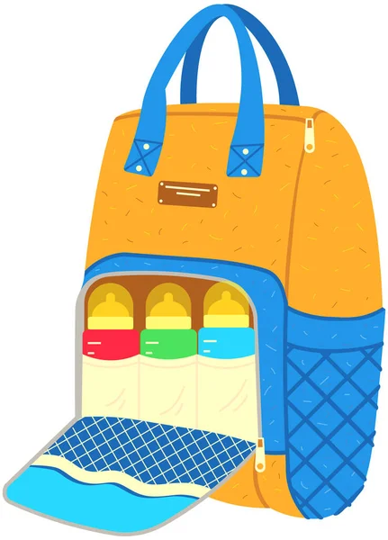 Dispositivo conveniente para transferir biberón para mamá. Mochila de color para alimentar a los niños durante el paseo — Archivo Imágenes Vectoriales