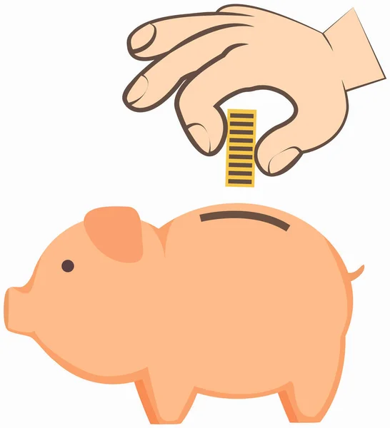 La mano humana pone monedas en una alcancía aislada en un icono blanco. Donación de dinero, caridad, inversión — Vector de stock