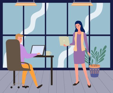 İş yerinde dizüstü bilgisayarlarla çalışan insanlar. Şirket çalışanları iş yerinde iletişim kuruyor, takım çalışması kavramı