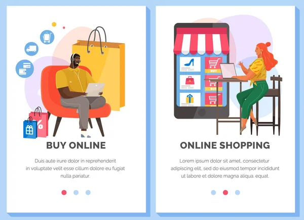 Online shopping webbplatser som. Personer med datorer som köper produkter i en mobil applikationsbutik — Stock vektor