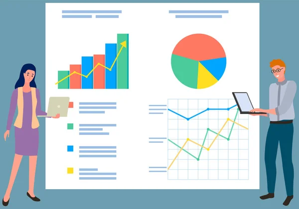 Le persone lavorano con statistiche, strategia aziendale, sviluppo. Scheda di presentazione con analisi dei dati — Vettoriale Stock