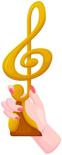 Touche G, signe musical, notes, mélodie, symbole de création musicale. Femme tenant triple clef dans sa main — Image vectorielle