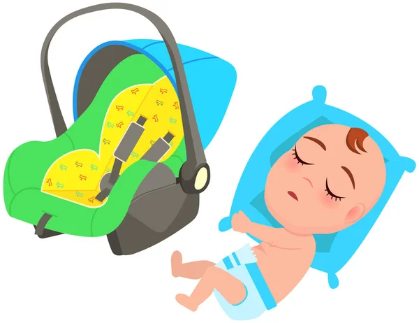 Bambino sdraiato sul cuscino e dormire vicino al posto auto bambino con cintura di sicurezza e maniglia di trasporto — Vettoriale Stock