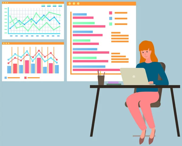 Çalışanlar istatistiksel göstergeleri, iş verilerini analiz ederler. Karakterler pazarlama araştırmalarıyla çalışır — Stok Vektör