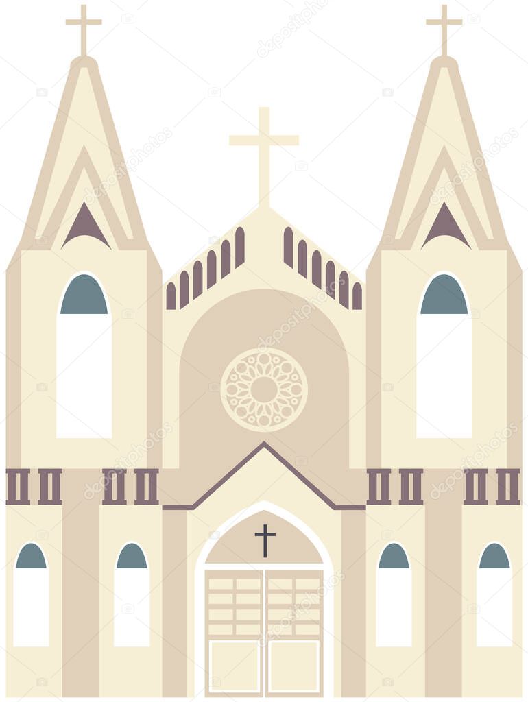 Old Catholic Church isolated on white background. Cartoon vector classic cathedral illustration