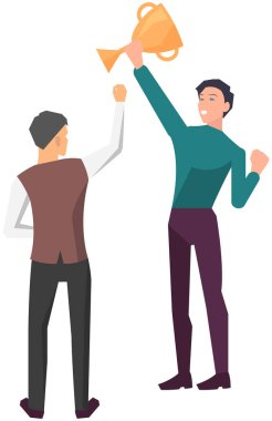 Elinde fincanla duran iş adamları. İş dünyasında kazanmak için takım çalışması, yarışmada birinci sırada yer alır