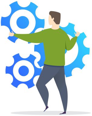 Erkek karakter geliştirme ayarlarıyla çalışır. Çalışırken çeşitli vitesleri inceleyen adam