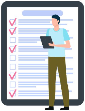 Ay çizelgesi, yapılacaklar listesi, zaman yönetimi. İşadamı kontrol ve planlama listesinin yanında duruyor
