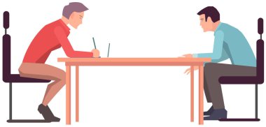 İş başvurusu yapan, şirketin patronuyla röportaj yapan bir adam. İstihdam, iş başvurusu kavramı