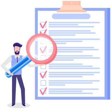 Büyüteçle liste yapmaya çalışan bir adam. Büyüteci olan kişi panodaki kontrol listesine bakar