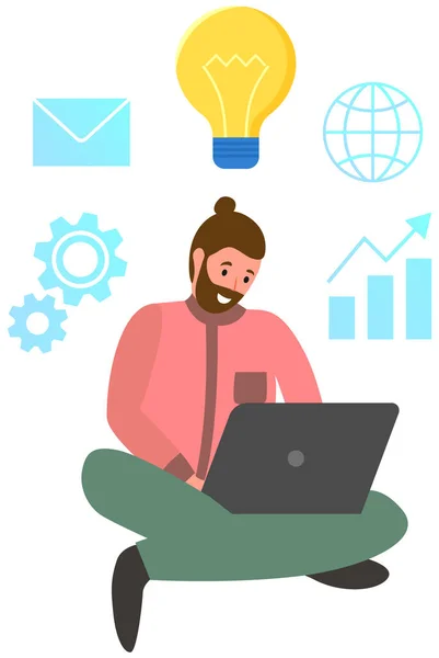 Man working with laptop on freelancing, business investments, profit growth, project planning — Stock Vector