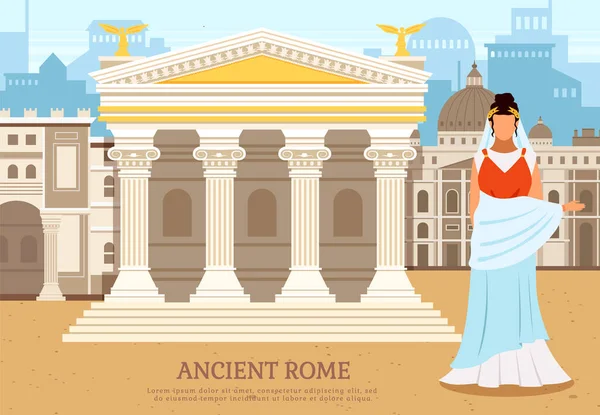 Antigua mujer romana cerca del edificio del templo del panteón con columnas, cartel de vector de cultura antigua — Archivo Imágenes Vectoriales