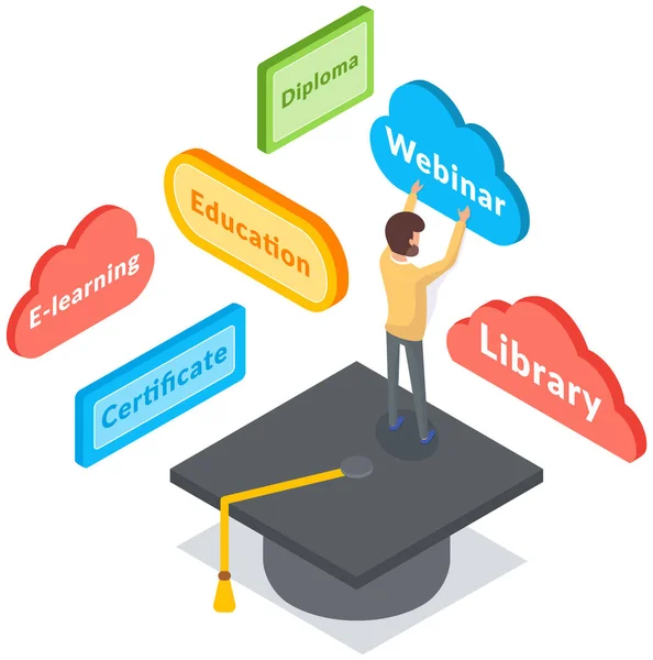 Çevrimiçi eğitim kavramı. Öğrenci sanal platformdaki eğitim uygulamasında düğmelere basıyor — Stok Vektör