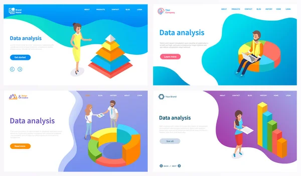 Os funcionários analisam indicadores estatísticos, dados de negócios. Trabalhos de personagens com pesquisa de marketing — Vetor de Stock