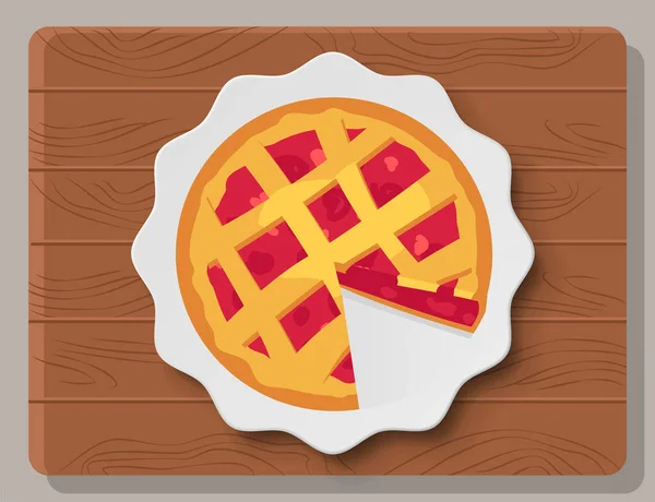 Delicioso pastel casero de vacaciones. Pastel de cereza al horno en placa sobre tabla de madera vector ilustración — Archivo Imágenes Vectoriales