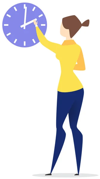 Geschäftsfrau hängt Uhr an Wand. Idee des Zeitmanagements, der Planung und des Termins — Stockvektor