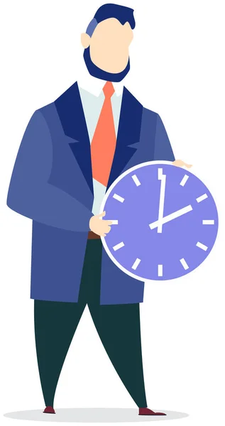 Zakenman die de klok in zijn handen houdt. Ideeën van tijdbeheer, planning en deadline — Stockvector