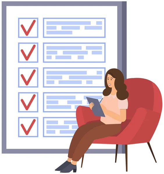 Femme terrifiée assise près de faire la liste et la planification. Plan réalisé, tâche accomplie, calendrier — Image vectorielle