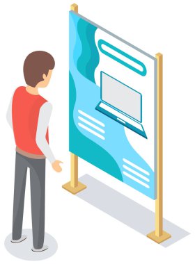 Adam yeni bilgisayarın sunum posterine bakıyor. Dizüstü bilgisayar reklamı, alet satışı reklamı