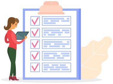 Kadın listeye ve planlama programına yakın duruyor. Plan tamamlandı, görev tamamlandı, zaman çizelgesi