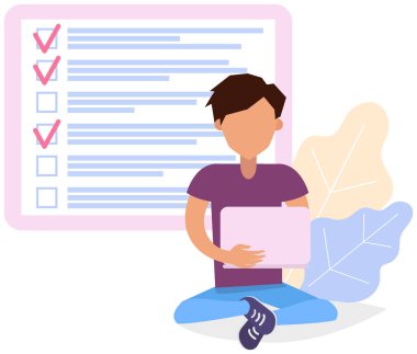 Kontrol listesi olan erkek karakter, bilgisayarda görev planlama programı. Adam dizüstü bilgisayarla panonun yanında oturuyor.