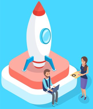 Yeni iş konseptini planlayan takım çalışması, yeni fikrin sembolü olarak roket fırlatma, başlangıç