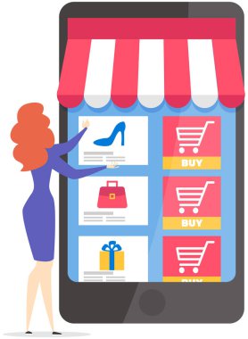 İnternette sörf yapan, telefonla iletişim kuran ve internetten alışveriş yapan genç bir kadın. E-ticaret konsepti