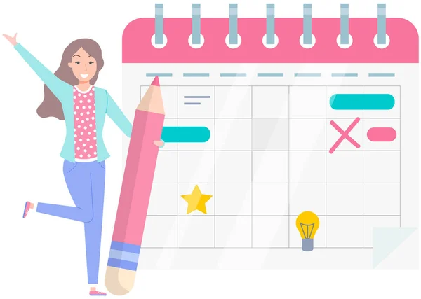 Mujer de negocios positiva con lápices gigantes cerca del calendario marcado. Señora feliz trabaja con horario — Archivo Imágenes Vectoriales