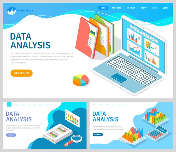 Analyseer statistische indicatoren, bedrijfsgegevens. Werken met marketing onderzoek. isometrische gegevensanalyse — Stockvector