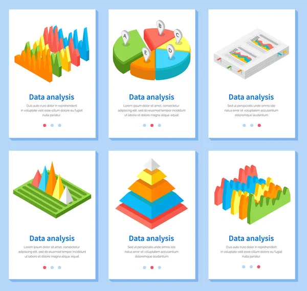 Analyze statistical indicators, business data. Work with marketing research. Data analysis isometric — Stock Vector