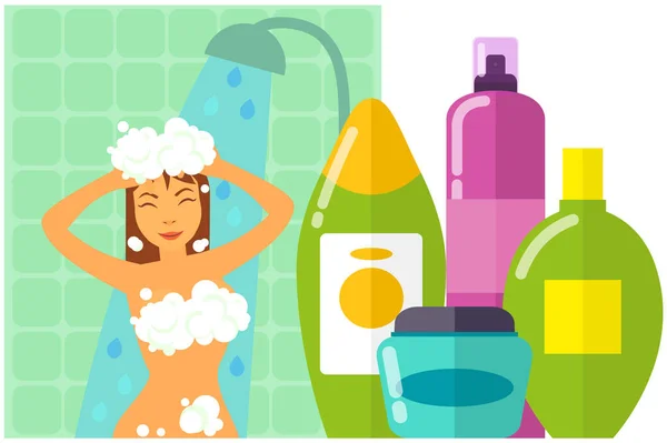 Mulher tomando banho perto de produtos de banho higiênicos. Conjunto de produtos de higiene pessoal ao lado de menina de banho — Vetor de Stock