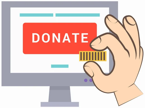 El hombre pone moneda de oro en el monitor de la computadora para donaciones. Moneda en caja de donación manual. Donar dando dinero — Archivo Imágenes Vectoriales