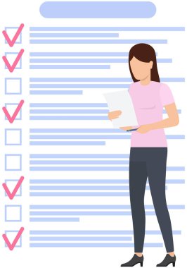 Kadın listeye ve planlama programına yakın duruyor. Plan tamamlandı, görev tamamlandı, zaman çizelgesi