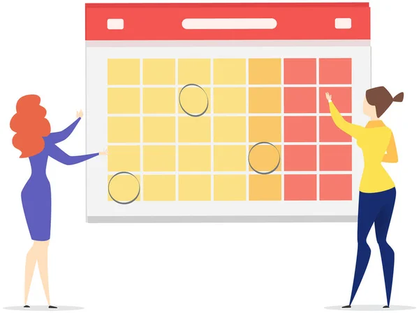 Planification des tâches, concept d'organisation des processus. Les femmes créent l'horaire de travail, plan mensuel, calendrier — Image vectorielle